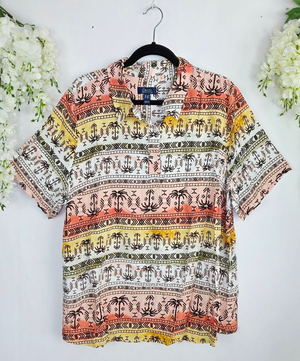 Denim & CO d&co Beach Camp Shirt Mens 2X Tropical Palm Cabana Resort Hawaiian